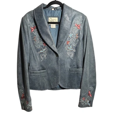 Cripple Creek Leather Jacket Blue Floral Embroidered Western Womens M Boho Rodeo - Image 1 of 4