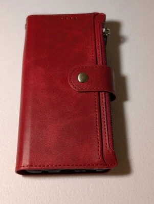 Funda tipo billetera de cuero sintético roja para teléfono con ranuras para tarjetas y bolsillo con cremallera - antideslizante Foto 1 de 4