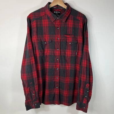 KAVU 法兰绒长袖纽扣衬衫黑色红色格子男式 M 码 — 第 1/4 张图片