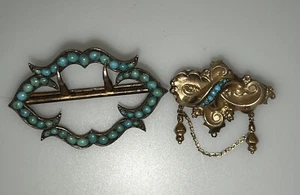 Early Victorian Turquoise Belt Buckle & 14k Brooch Pin - Picture 1 of 15