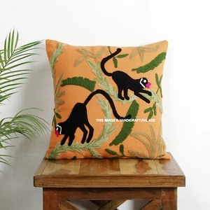 Indien Suzani Monkey Embroidered Cushion Cover Cotton Square Throw Pillow Case - Picture 1 of 3