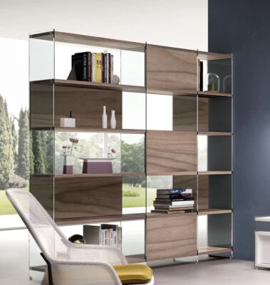 LIBRERIA COMPONIBILE BIFACCIALE IN VETRO TEMPERATO PIANI LEGNO VARI COLORI 70.34 - Immagine 1 di 4