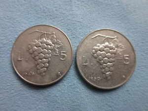 ITALY Republic lot 5 lire 1949 1950 VF / XF Aluminium Wine Grapes Agriculture - Picture 1 of 4