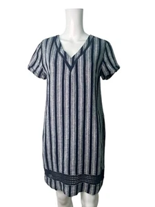 Next Petite Shift Linen Dress Size 12 Womens EU40 Blue Stripe V-Neck Tunic - Picture 1 of 11