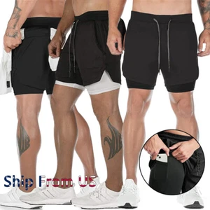 Pantalones Cortos De Correr 2 en 1 Para Hombres Licra Deportivos Shorts Bolsillo - Picture 1 of 25
