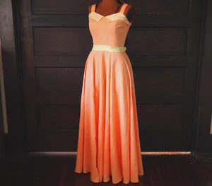 VTG 70s Sherbet Orange Sleeveless Bow Collar Summer Party Prom Maxi Dress Sz M - Picture 1 of 13