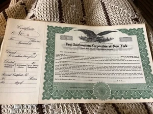 VINTAGE UNBENUTZT ERSTES SOUTHWESTERN CORP.OF NY, CHAUTAUQUA COUNTY NY LAGERZERTIFIKAT? - Bild 1 von 3
