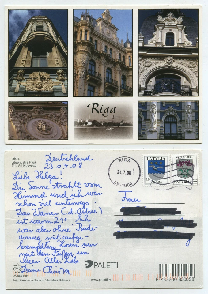 59233 - Riga - Jugendstil-Gebäude - Ansichtskarte, gelaufen 24.7.2008 - Bild 1 von 1