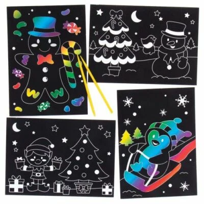 4 fogli illustrativi natalizi gratta e vinci disegni bambini artigianato Babbo Natale pupazzo di neve calza