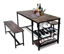 3 Pcs Kitchen Dining Table Bench Set Compact Storage Shelf Wine Rack Powder Coat