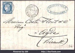 FRANCE N°60C SUR LETTRE AVEC CACHET A DATE GARE DE MONTPELLIER DU 15/06/1876 - Picture 1 of 2