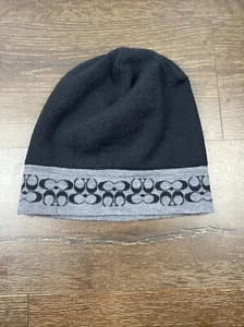 Coach Merino Wool Reversible  Black Gray Logo Beanie Hat OS - Picture 1 of 4