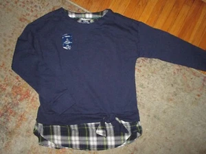 IZOD NAVY BLUE SWEATSHIRT Tartan Plaid Trim Crew Neck Pullover Waist Knot Bow SM - Picture 1 of 4