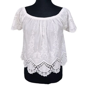 Cottagecore White Cotton Lace Embroidered Off The Shoulder Cropped Top Medium - Picture 1 of 11