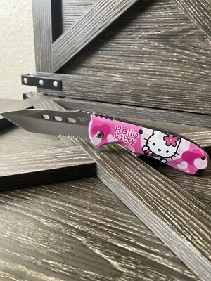 Faca de bolso dobrável assistida por mola Hello Kitty rosa 8" lâmina auxiliar aberta - Imagem 1 de 3