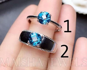 Anillo de compromiso para pareja de plata de ley 925 con topacio azul Londres natural - Imagen 1 de 8