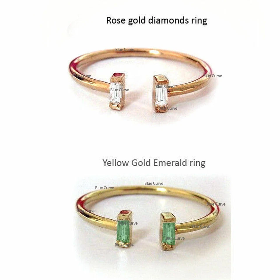 天然长方形钻石和翡翠宝石 18k 金色开口袖口戒指 2 件套 US3-9 — 第 1/3 张图片