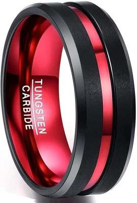 8mm Men's Tungsten Rings Black Red Grooved Center Matte Finish Wedding Band Poli - Image 1 of 4