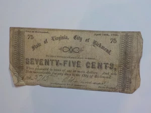 Billete de 75 centavos confederado de la Guerra Civil de 1862 estado de Virginia ciudad de Richmond de colección  - Imagen 1 de 2