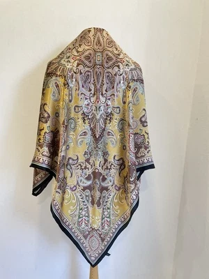 AS# Basile 100% Silk Paisley Scarf Vintage Italian Designer Square Yellow Brown - Image 1 of 4