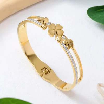 🍀Armreif Damen Gold Glücksklee Zirkonia Elegant Schmuck Geschenk Hochzeit Party - Bild 1 von 4