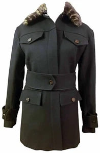 Abrigo MALENE BIRGER 36 6 Negro Lana Cuello Piel Leopardo Estructurado Militar Cinturón - Imagen 1 de 5