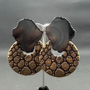 RARE Stephen Dweck Brass & Sterling Silver Black Onyx Clip Earrings 2.5" - Picture 1 of 9