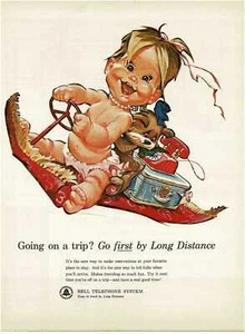 1963 GLOCKENTELEFON süßes Baby auf fliegendem Teppich Kunst Illustration Vintage Druck Werbung - Bild 1 von 1