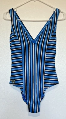 Traje de baño Michael Kors para mujer talla 12 de una pieza azul negro blanco a rayas sin almohadillas Foto 1 de 4