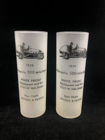 Two Vintage 1958 1959 Indianapolis 500 Glasses White Front Restaurant Bar Indy Cover