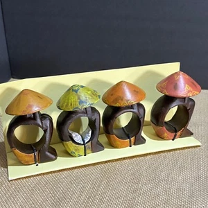 Pier 1 Imports Carved Wood Asian Hat Napkin Ring Holders Set Of 4 New In Box - Picture 1 of 11