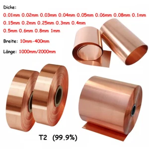 T2 99,9% reines Kupfer Cu Blech dick 0,01mm-1mm Rolle Folie Platte Streifen 1/2M - Picture 1 of 13