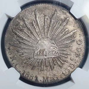 Mexico Second Republic 8 Reales 1881 Ca MG Chihuahua NGC UNC Details - Picture 1 of 4