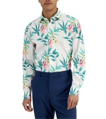 Camisa de vestir Bar III para hombre calce ajustado estampado tropical blanca verde Foto 1 de 4