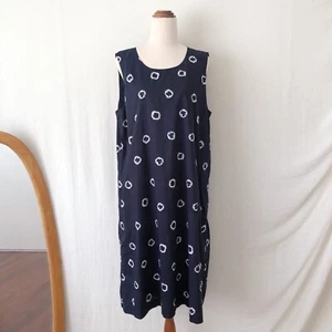 Trenery Dress Size 14 Navy Blue White Spot Sleeveless Midi Shift Cotton Pockets - Picture 1 of 9
