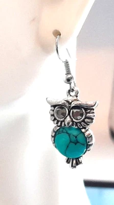 VTG Owl Bird Rhinestones Eyes Turquoise Dyed Howlite Belly Hook Earrings 1.5" - Image 1 of 4