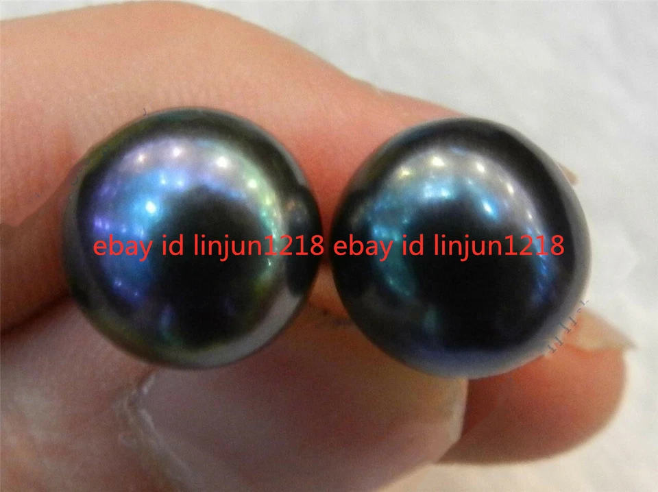 Huge 12-13mm Natural Black Tahitian Pearl 925 Sterling Silver Stud Earrings AAA - Image 1 of 4