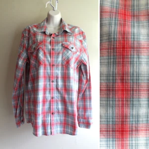 Wrangler Mens M Button Shirt 100% Cotton Plaid L/Sleeve Western Red Gray White - Picture 1 of 7