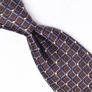 Hickey Freeman Mens English Silk Necktie Brown Blue White Tile Check Woven Tie  - Picture 1 of 7
