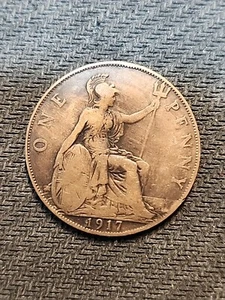 1917 Great Britain 1 Penny - Nice Rare Collector Coin- free shipping A50 - Picture 1 of 2
