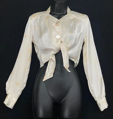 Blusa crop top satinado blanco vintage años 70 manga larga camisa deadstock marfil Foto 1 de 4