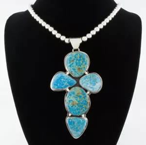 Collana di perle in argento sterling con ciondolo croce turchese Kingman - Foto 1 di 6
