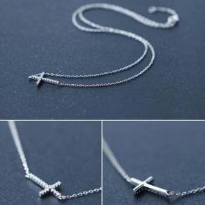 0.25 Ct Natural Diamond Sideways Cross Pendant Necklace White Gold Plated Silver - Picture 1 of 8