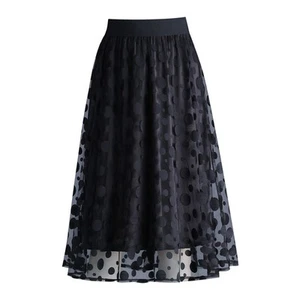 2025 Womens Casual Mid Length Polka Dot Mesh Skirt Double Layer Design - Picture 1 of 28