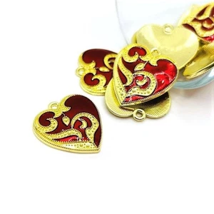 Gothic Red and Gold Heart Pendant Charms, 23x21mm - US Seller - Picture 1 of 4