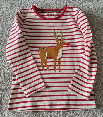 Mini blusa Boden algodão aplique veado manga longa Rockabilly vermelho/marfim veado tamanho 5-6 - Imagem 1 de 4