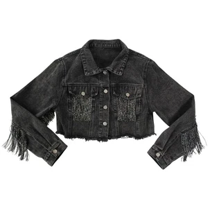 Black Cropped Denim Fringe Jacket with Silver Tassels Size Large Festival - Picture 1 of 7