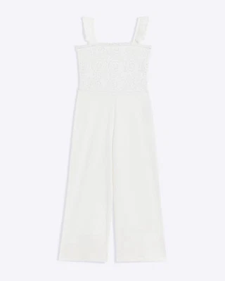 River Island Girls Jumpsuit White Crochet Square Neck Sleeveless Outfit 11-12  - Image 1 of 4