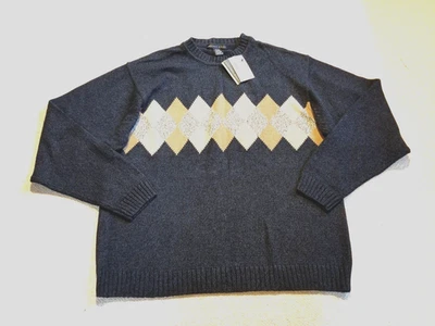 NWT Mens Sweater-GEOFFREY BEENE-navy marled argyle cotton po Academia Grandpa-L - Image 1 of 4