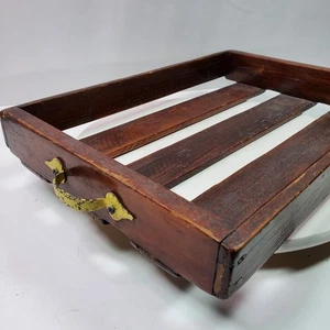 Vintage Farmhouse Serving Tray 18x12x2.5 Inch Wood Slats w/ Metal Handles - Picture 1 of 9